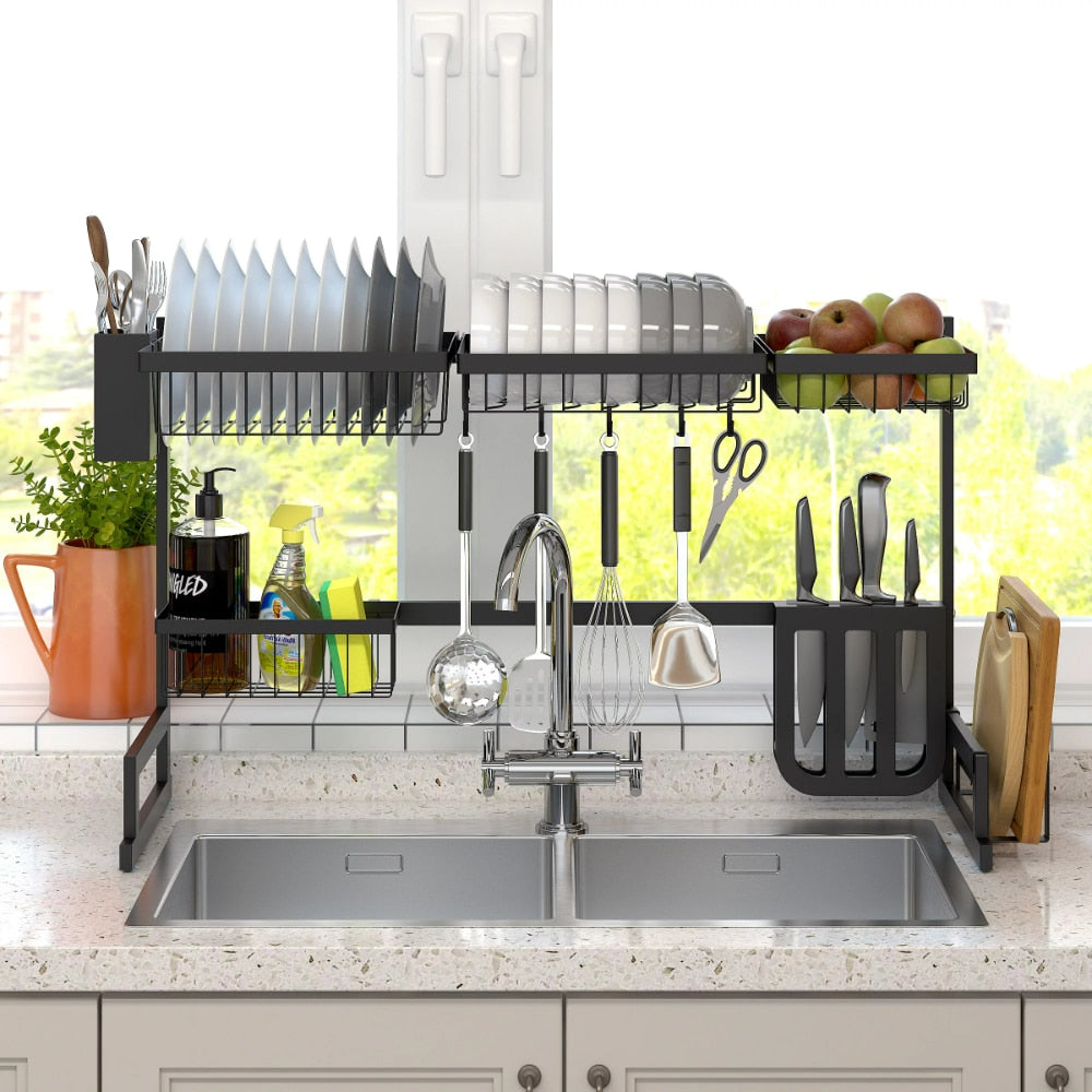 Dish Drying Rack Kitchen Over The Sink Dish Drain Rack Utensil Holder Double Sink Stainless Steel Matt Black