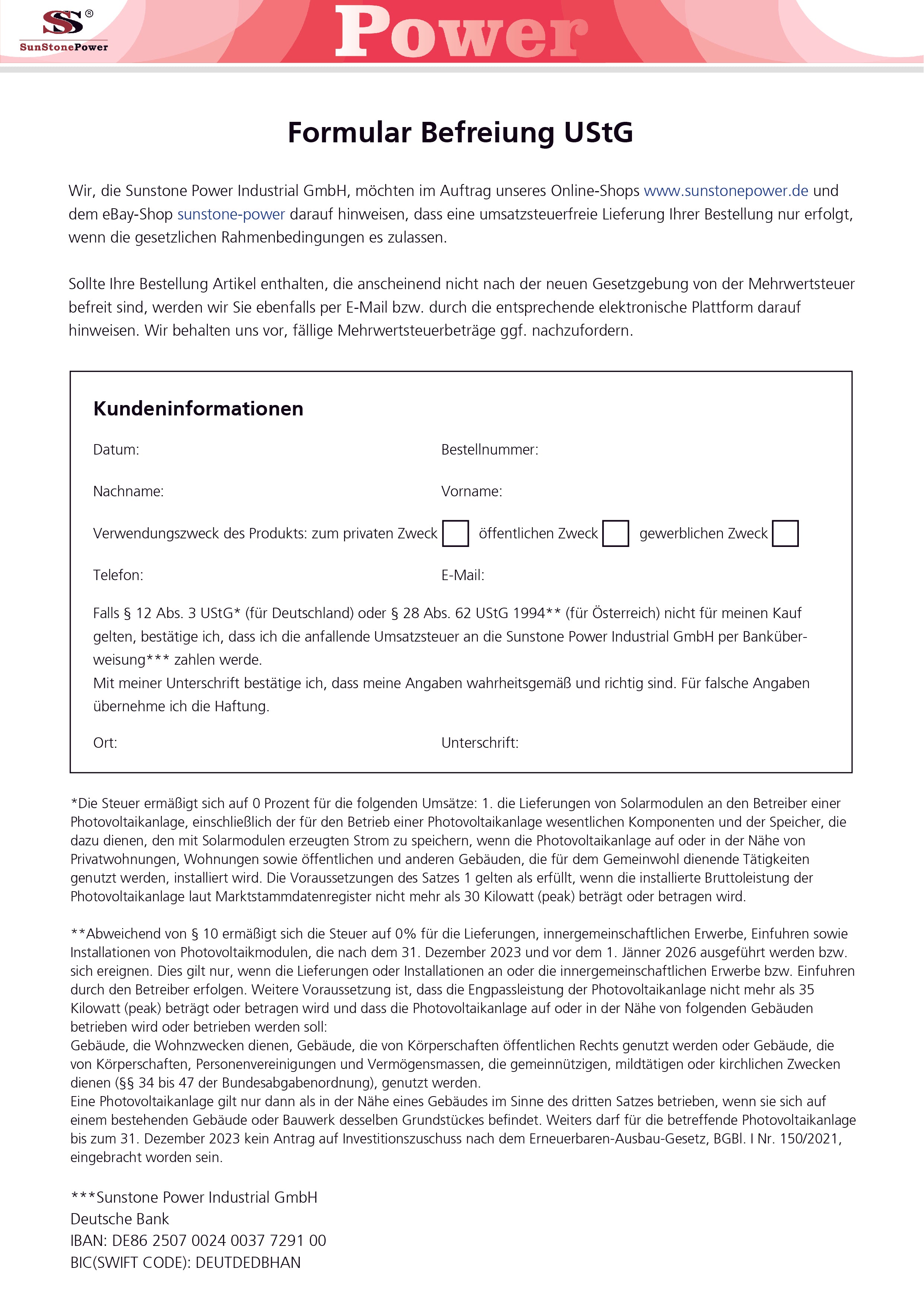 Steuerbefreiung PV-Anlage Formular 2024 | Sunstone Power Industrial GmbH