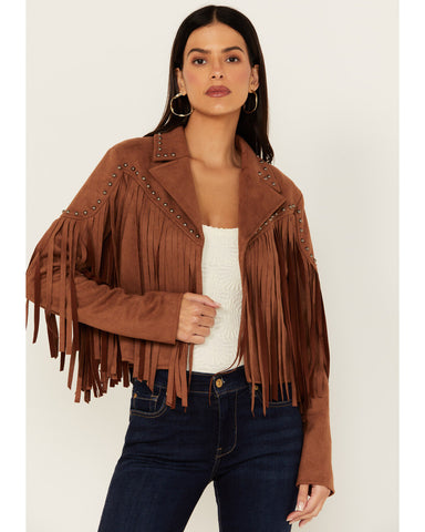 Women's Suede Fringes Studs Cropped Blazer Jacket