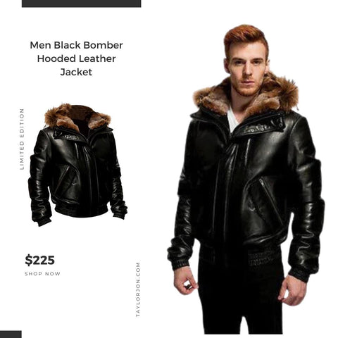 Men Black Bomber Hooded Leather Jacket