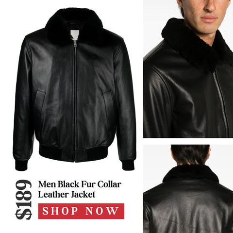 Men Black Fur Collar Leather Jacket