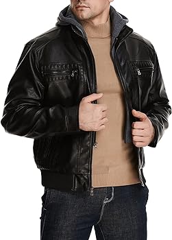 HOOD CREW Men's Faux Leather Bomber Jacket