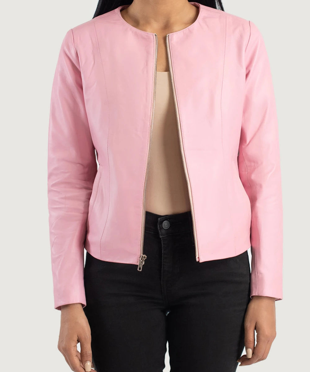 Emma Stone Collarless Pink Leather Jacket