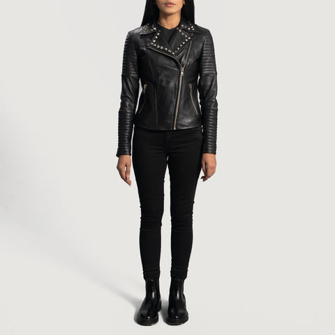 Ladies' Black Studded Biker Leather Jacket