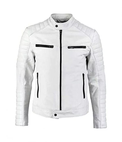 Men’s Biker Style Studded Leather Jacket in White