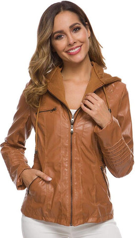 Women Tan Bomber Hooded Leather Jacket