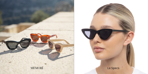 Memorí cat eye sunglasses for small faces are shown on the left, in black, tortoise, and ivory. Le Specs cat eyes are shown on the right.