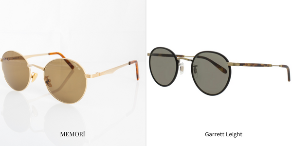 On the Left, Memorí round sunglasses for small faces are shown. On the right, Garret Leight round sunglasses. Both have smaller than average lenses and are a great choice for small, narrow, and petite faces.