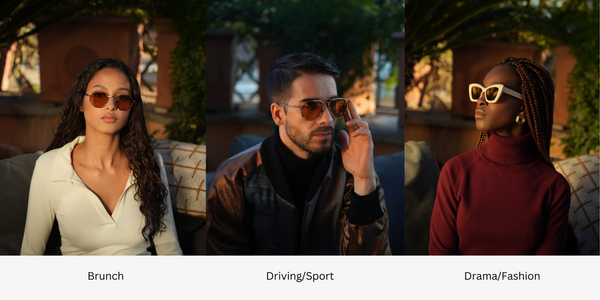 3 examples of different sunglass frame silhouettes to suit different lifestyle situations - such as a hexagonal pair of sunglasses for brunch, aviators for driving (as they block out more light) and acetate cat-eyes for fashion/drama situations.
