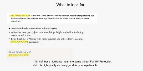 Screenshots of text of ecommerce store product descriptions that illustrate what to look for to find high quality UV protection in sunglass lenses online. look for the phrases "100% UV protection", "UV400", or "100% UVA UVB protection", which all mean the same thing and will have your eyes fully protected.