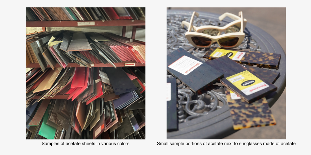 Photo shows small and medium sized samples of mazzucchelli celulose acetate. From these materials, high quality designer eyewear will be made. Sheets with patterns are very hard to replicate, leading to a more original and rare eyewear frame.