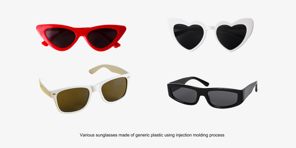 examples of sunglasses made with injection molding technique. General, injection molding is used for mass produced, relatively low quality eyewear.
