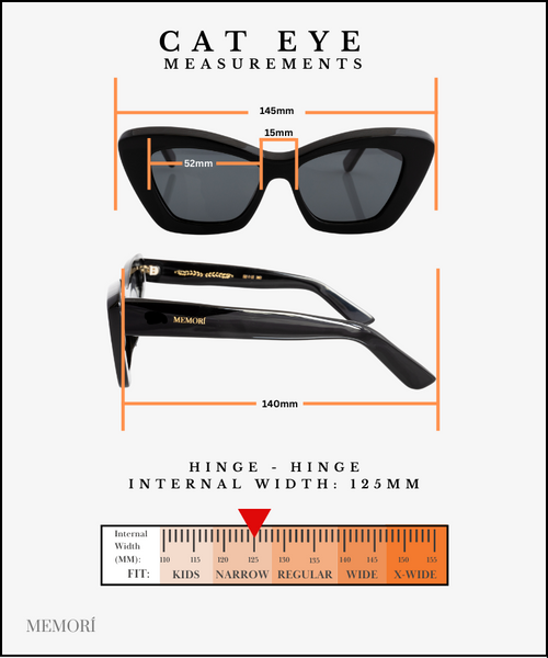 Diagram of Memorí sunglasses with clearly labeled dimensions, and a spectrum of sizing with the frame size clearly marked.