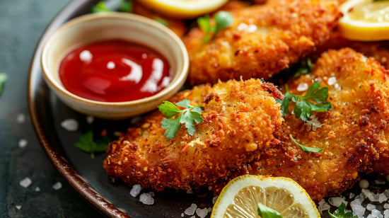 Veganes Auberginenschnitzel mit knuspriger Panko-Panade und Zitronenscheiben, serviert mit einer Schale Ketchup - leckere und gesunde Fleischalternative.