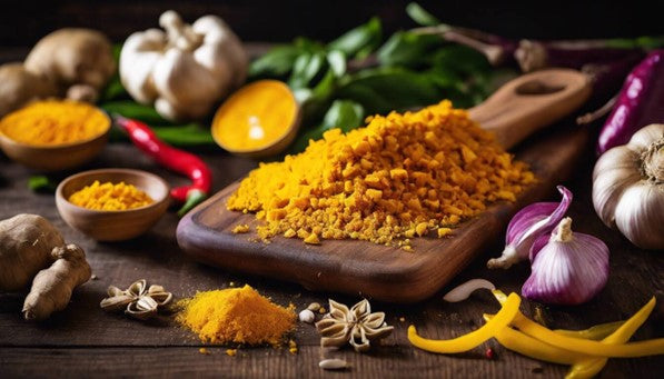 Turmeric Forte and other spices on a wooden cutting board, showcasing their health benefits.