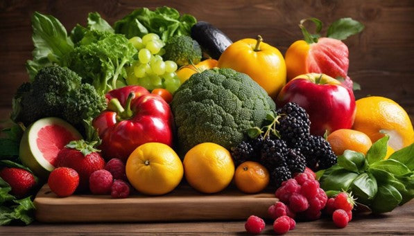 assortment of vegtables and fruits on a cutting board