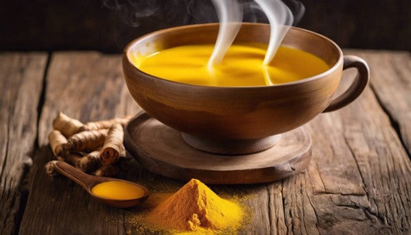 A cup of turmeric tea with benefits on a wooden table.