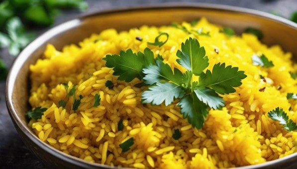 Turmeric rice in a bowl with parsley.