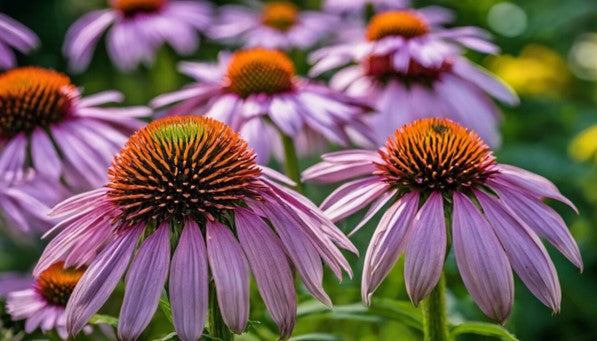 Purple Echinacea flowers bloom beautifully in a garden.