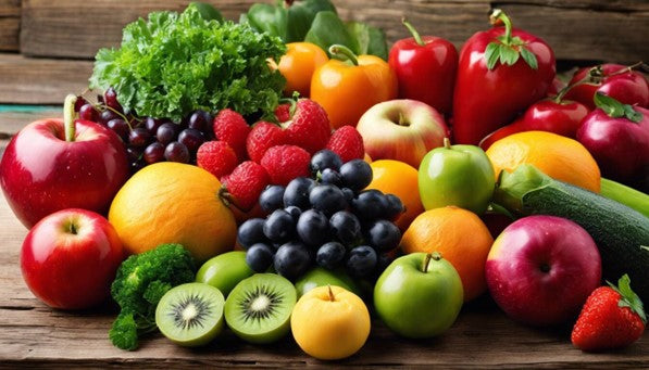 Fruit and Vegtables on a brown wood table