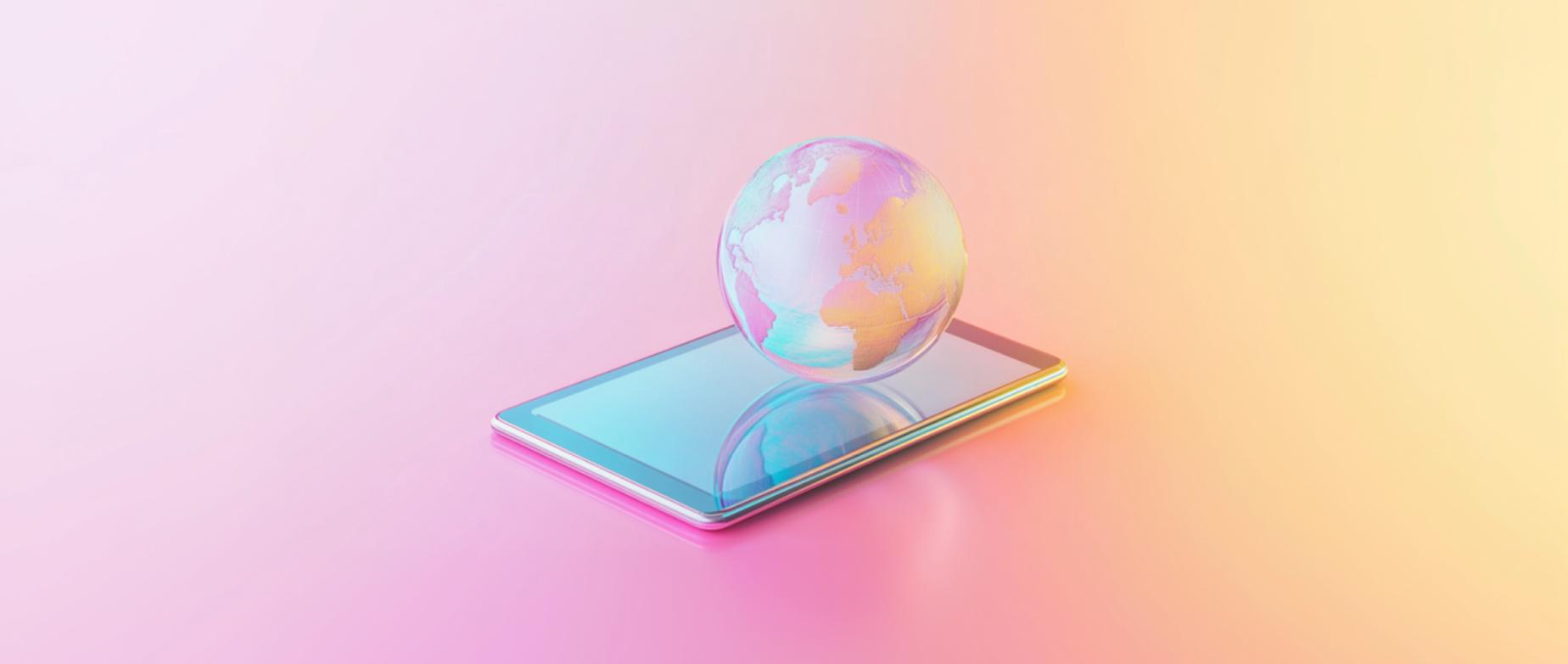Ilustração de um celular estilizado com um globo terrestre em tons pastéis sobre fundo em degradê rosa e laranja.