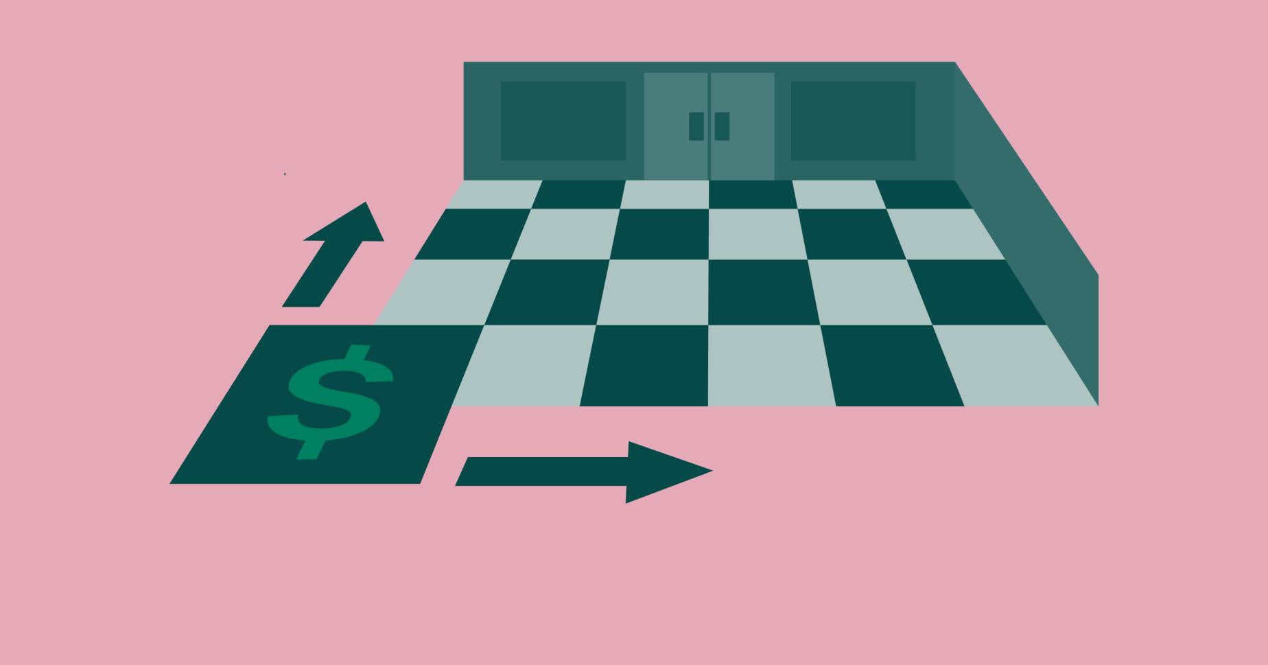 Ilustração de uma loja sobre fundo rosa com piso quadriculado em tons de verde e setas indicando crescimento e expansão, representando o conceito de vendas por metro quadrado.