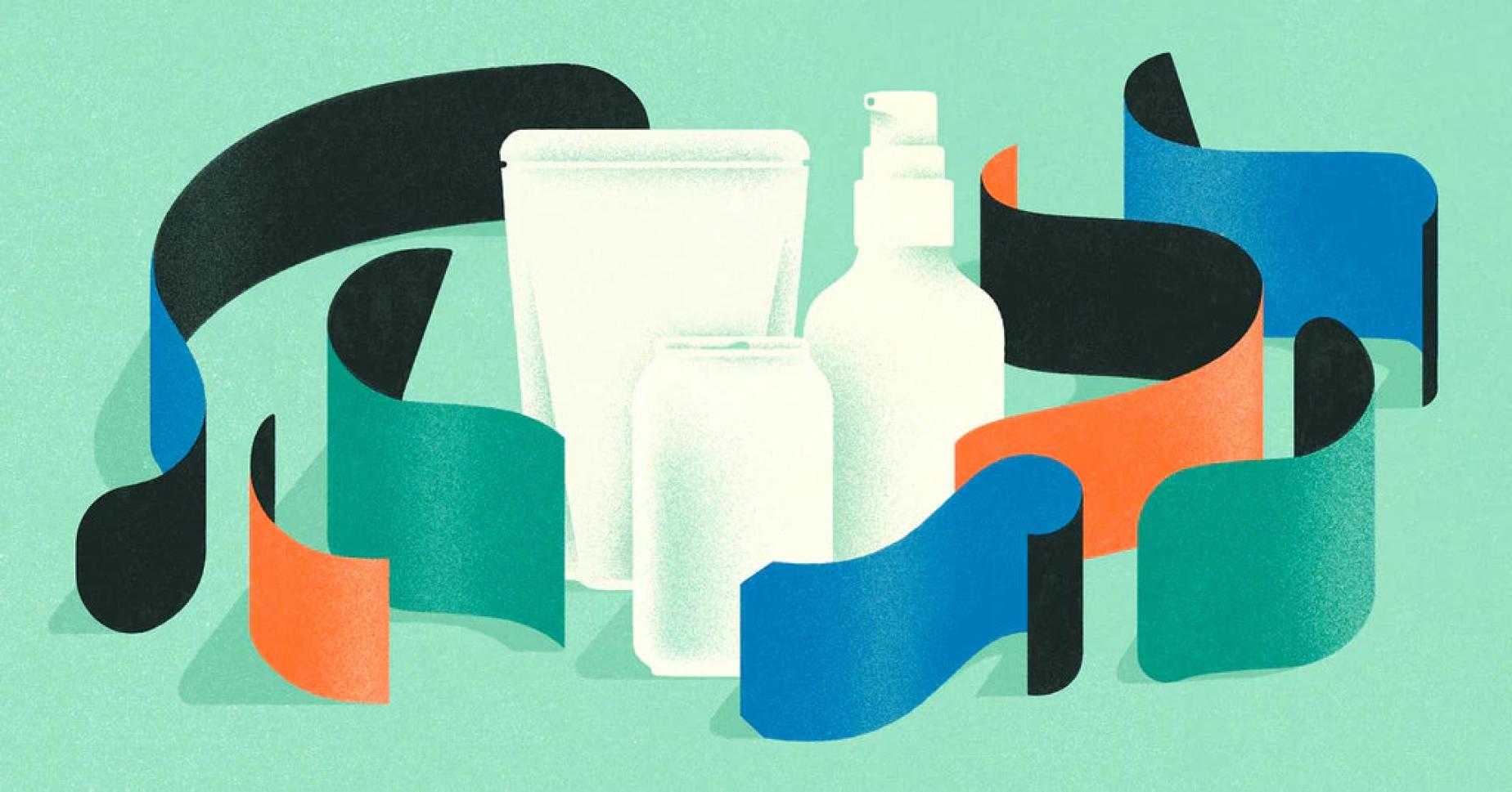 Ilustração de rótulos dançando em torno de várias garrafas de produtos white label