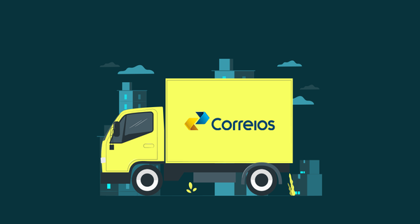 ilustração do caminhão de entrega dos correios em movimento com prédios ao fundo