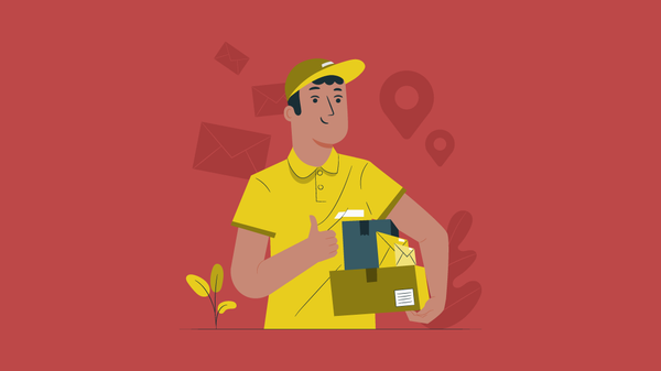 ilustração de entregador dos correios com uniforme e encomendas e cartas em um braço e com o outro, fazendo o sinal de joinha