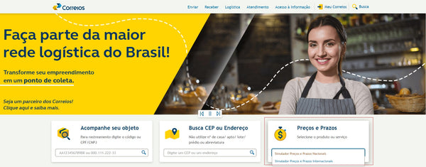 captura de tela da página inicial do site dos correios indicando o box Preços e Prazos - Simulador Preços e Prazos Nacionais