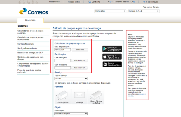 captura de tela da página do site dos correios com indicação sobre onde inserir o CEP de origem e o CEP de destino da encomenda