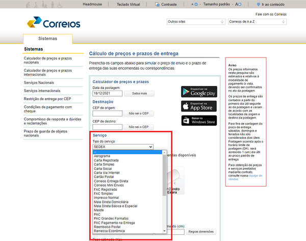 captura de tela da página do site dos correios com indicação sobre onde escolher o tipo de serviço