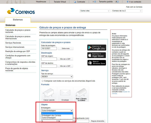 captura de tela da página dos correios com indicação sobre onde escolher a embalagem da encomenda