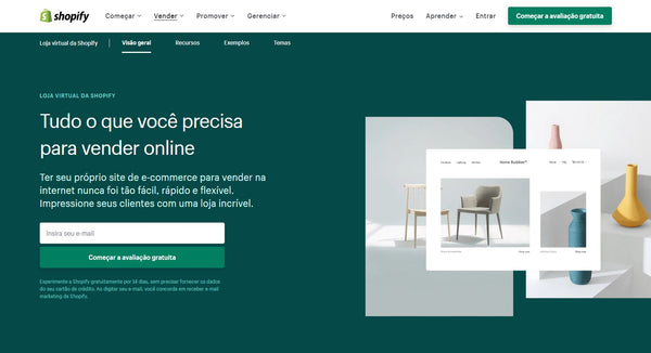 página inicial da Shopify para inscrição do criador de sites da loja virtual da shopify