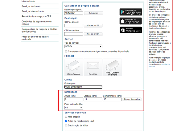 captura de tela da página do site dos correios com indicação sobre onde inserir os dados das dimensões da embalagem e do peso estimado