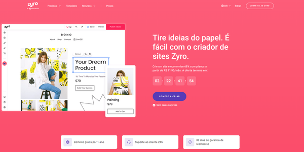 página inicial do criador de sites zyro