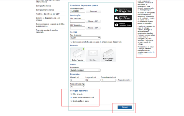 captura de tela da página do site dos correios com indicação sobre onde escolher os serviços opcionais e indicação do botão calcular
