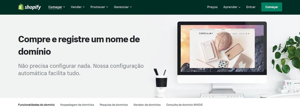 página da Shopify para comprar e registrar um nome de domínio