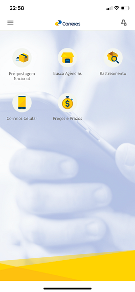 captura de tela da tela inicial do app para ios dos Correios