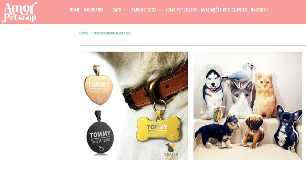 página do site de produtos personalizados da loja parceira da shopify Amor Petshop