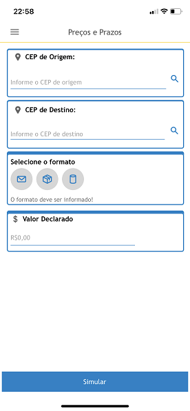 captura de tela da tela de seção preços e prazos do app para ios dos Correios