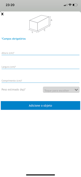 captura de tela da tela do app para ios dos correios indicando onde inserir os dados das dimensões da embalagem