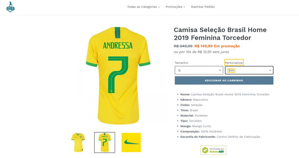 site da loja parceira da Shopify Casa do Boleiro indicando a personalização de camisas de seleção e times de futebol