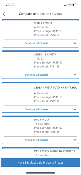 captura de tela da tela do app para ios dos correios com resultados de uma simulação