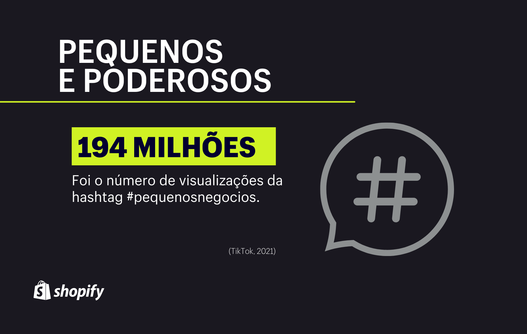 Infográfico com fundo preto. No primeiro plano, em verde e branco, há a informação de que a hashtag #pequenosnegocios teve 194 milhões de visualizações no TikTok.