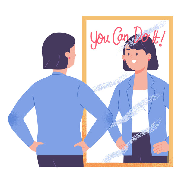 Ilustração de mulher se olhando no espelho com "Você consegue" escrito em inglês, representando a importância de mostrar uma imagem verdadeira no marketing pessoal.