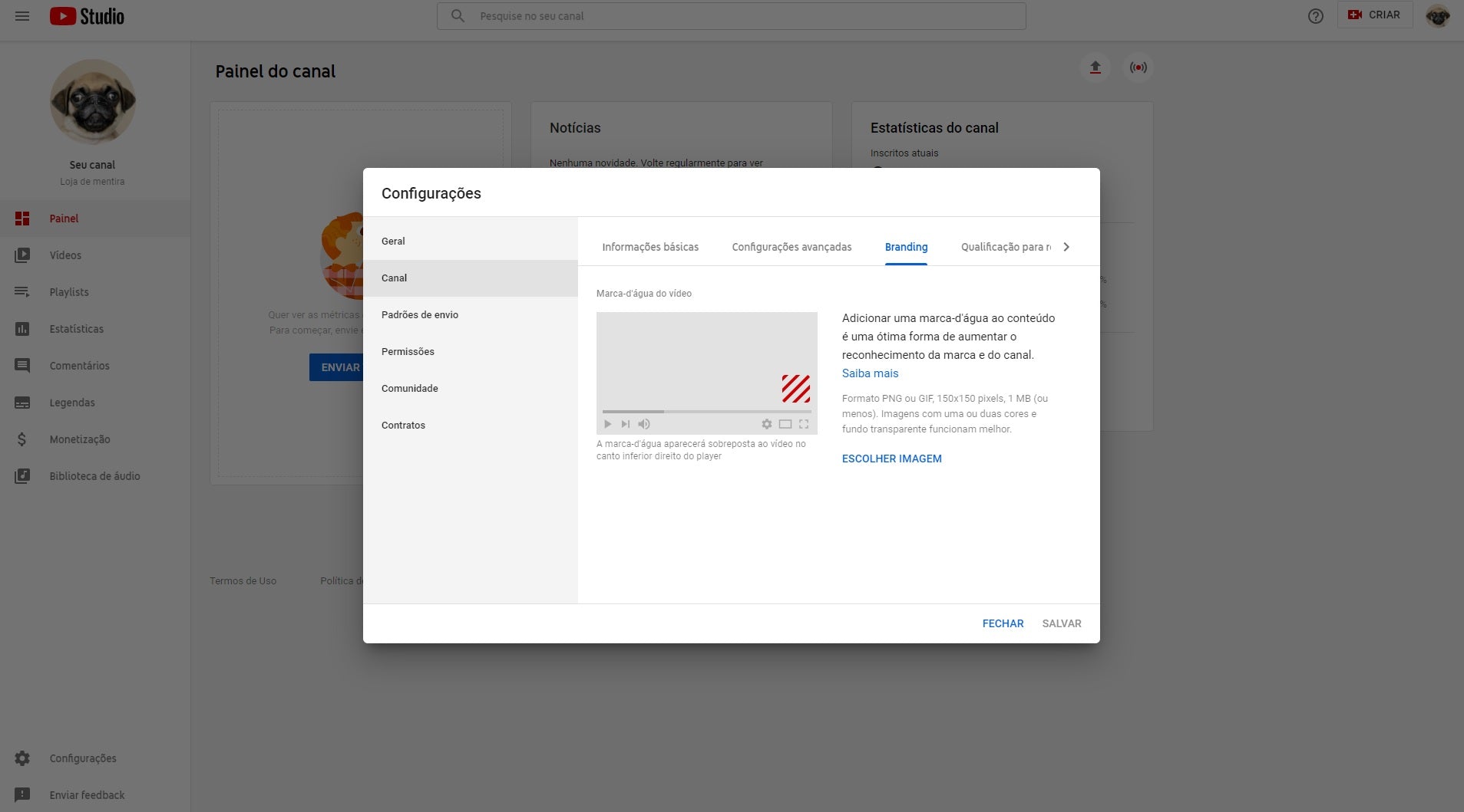 youtube adicionar marca d'água