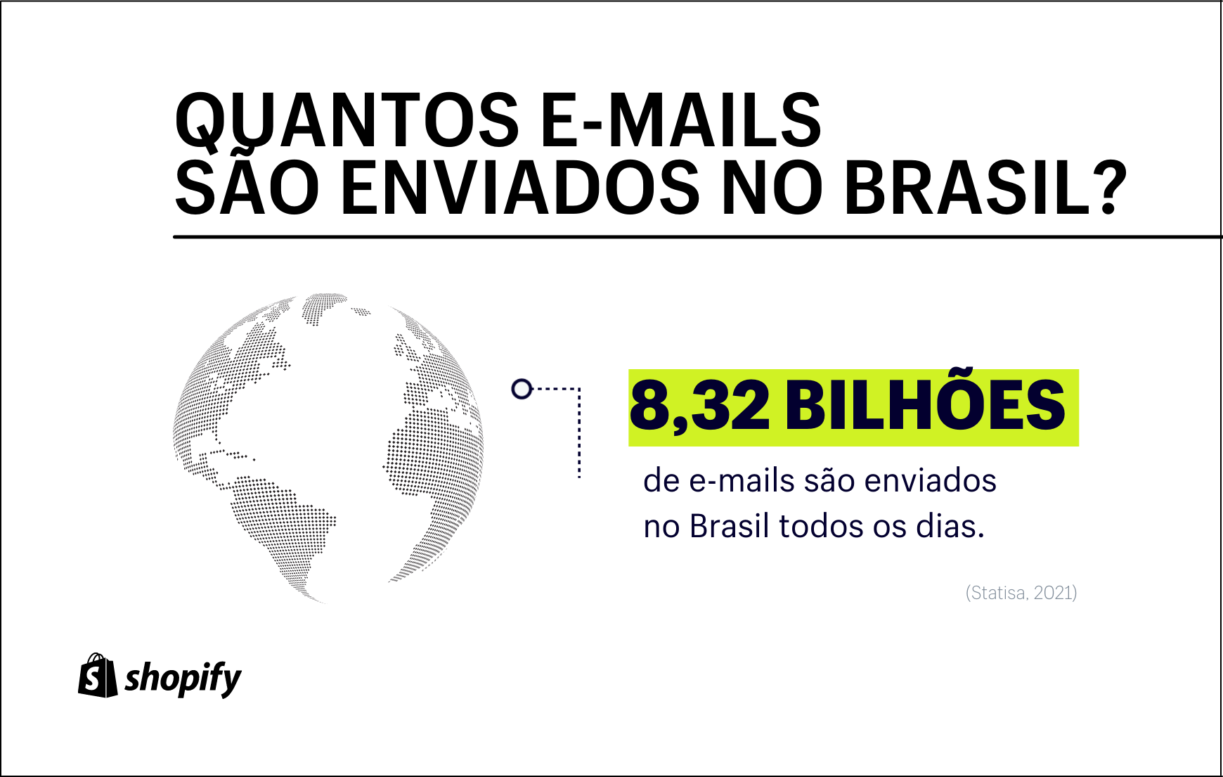 Infográfico com fundo branco. No canto esquerdo, há um ícone do globo terrestre em cinza e ao lado direito, as informações (em preto e verde) de que 8,32 bilhões de e-mails são enviados no Brasil todos os dias.