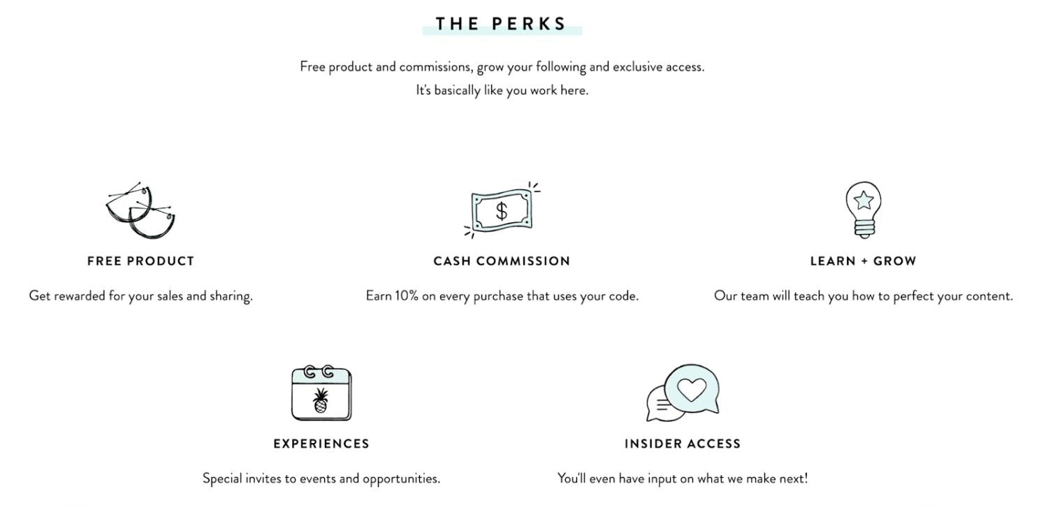 Página da Pura Vida Bracelets com ícones e textos apresentando os benefícios do programa de microinfluenciadores: produto grátis, 10% de comissão, treinamento em conteúdo, convites para eventos e acesso a decisões da marca.