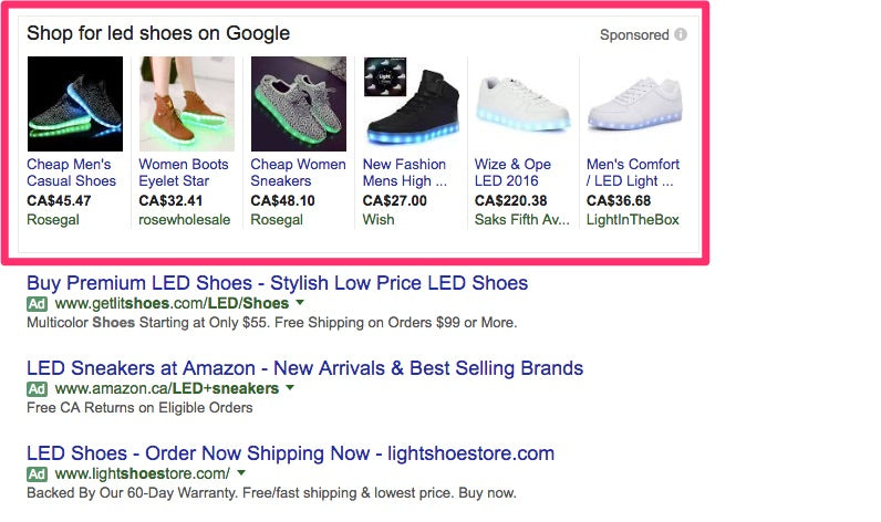 Anuncios do Google Shopping de Tênis Led